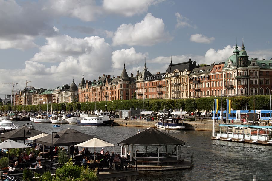 stockholm, sweden, city, architecture, building, built structure, water, building exterior, cloud - sky, nautical vessel