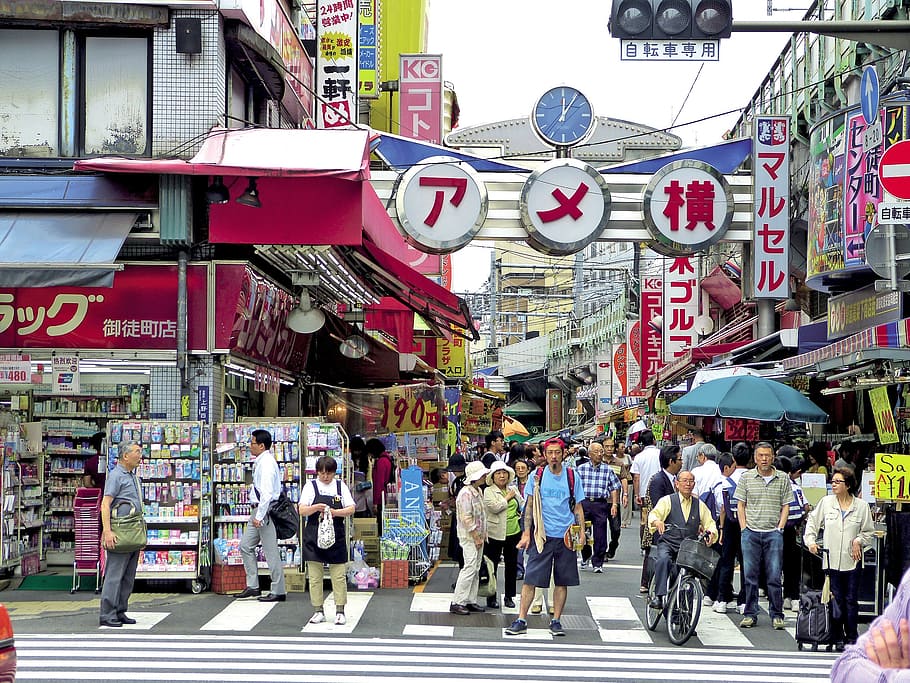 tokyo market, japan, ueno, japanese, street, sign, shop, crowd, people, tokyo