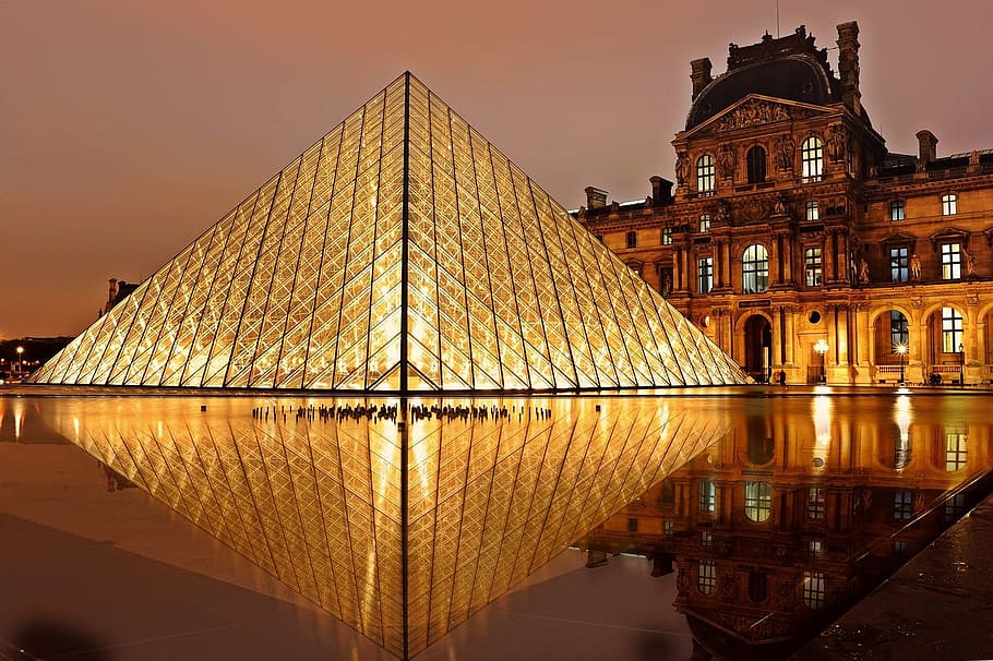 Paris louvre, louvre, piramida, Paris, arsitektur, pariwisata, struktur yang dibangun, air, eksterior bangunan, refleksi