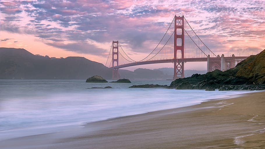 Золотой, Мост ворот, Сан-Франциско, дневное время, природа, пейзаж, воды, океан, море, пляж