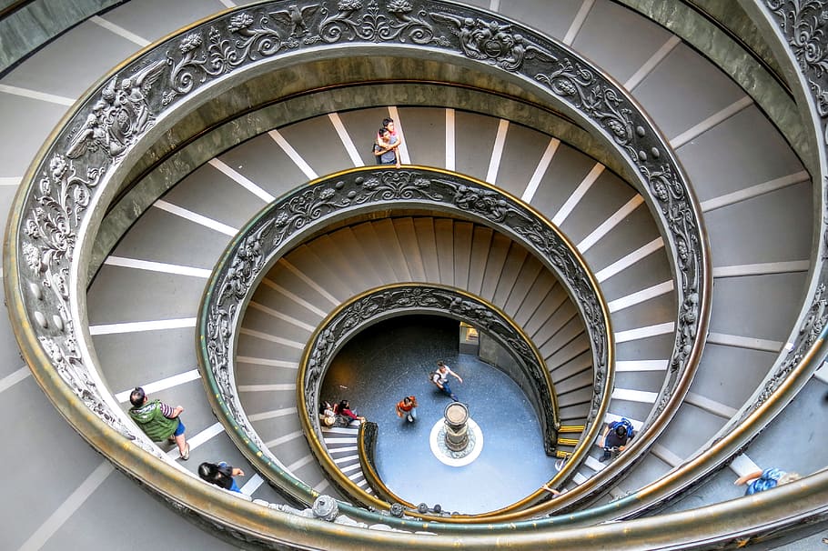 Museum Vatikan, Spiral, Tangga, turun, batu, hiasan, pegangan, lingkaran, konsentris, pemandangan sudut tinggi
