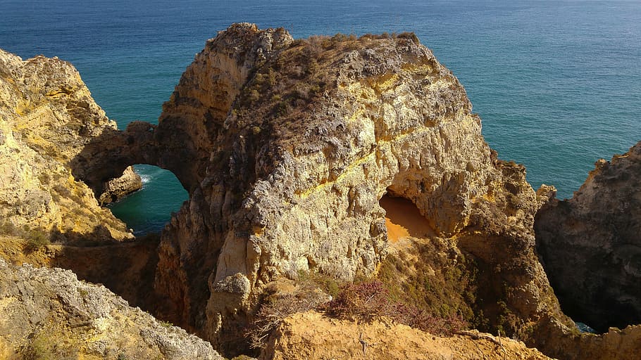 portugal, lagos, cliffs, ark, ocean, sea, water, rock, rock - object, rock formation
