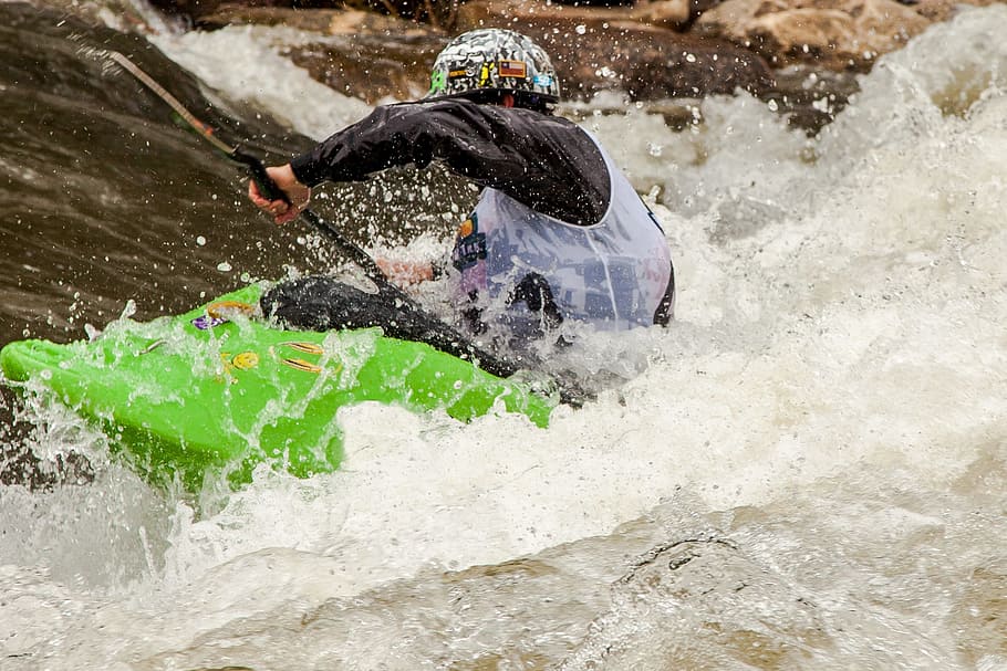 person kayaking, flowing, river, kayak, whitewater, action, helmet, extreme, activity, adventure