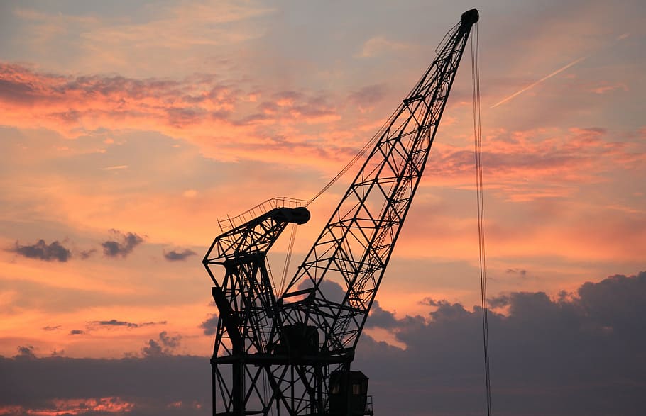silhouette photo, dragline, harbour crane, sunset, sky, clouds, industry, port, mood, crane