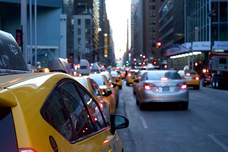 taxi cab, line, taxi, vehicle, road, city, urban, cars, jam, transportation