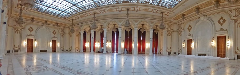 wide, angle photography, building, bucharest, romania, architecture, parliament, palace, ball room, panorama