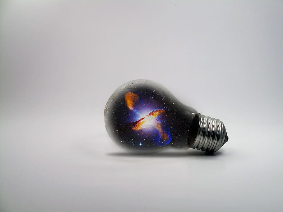 black, blue, light bulb, bulb, galaxy, space, universe, creative, technology, astronomy