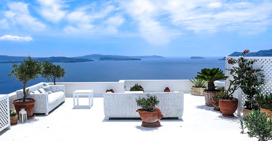 brown, potted, green, plant, body, water, greece, sea, sea view, terrace