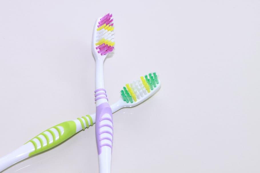 two, purple, green, toothbrushes, colgate, colored, dental, hygiene, oral, teeth