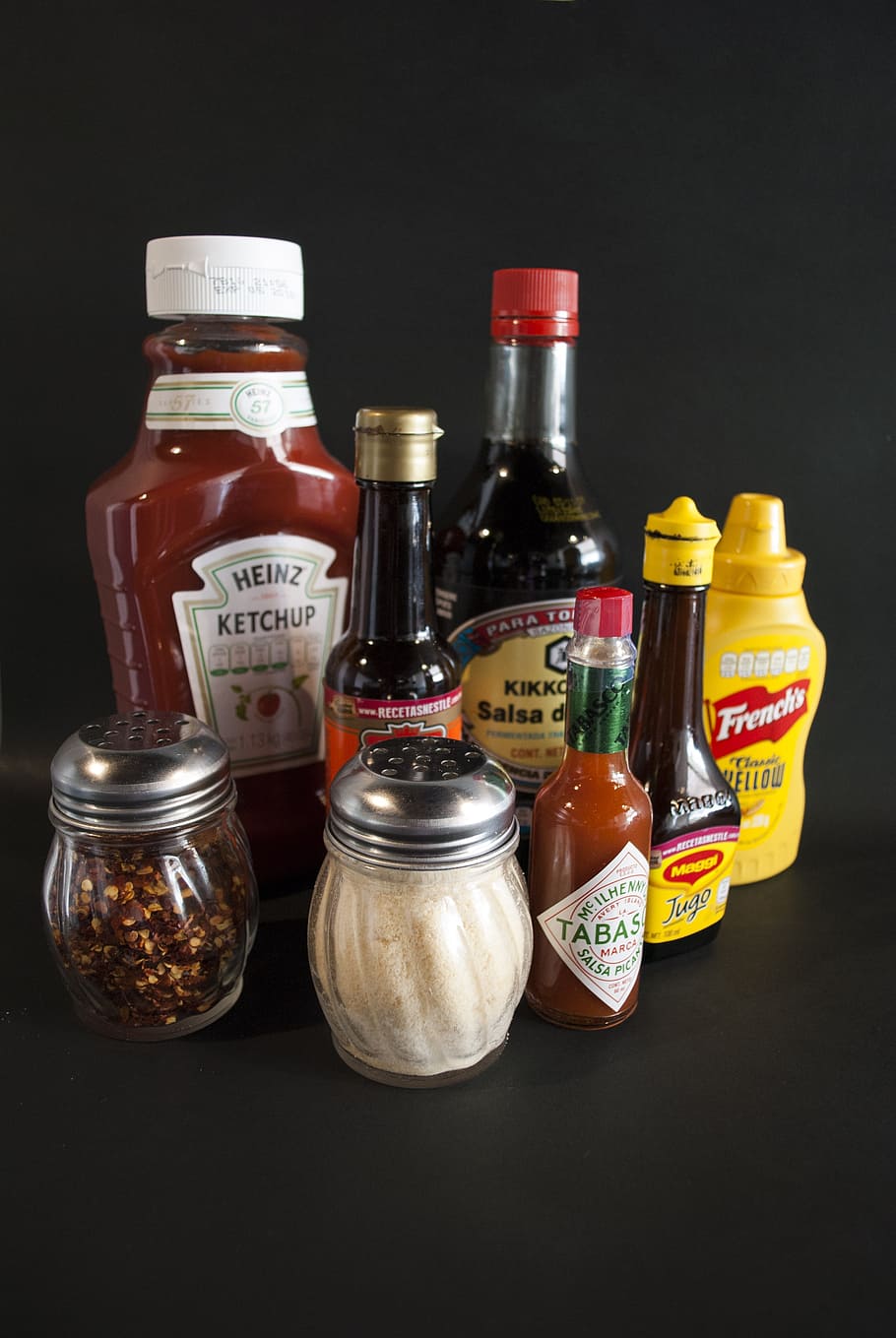 pepper, condiments, mustard, container, bottle, indoors, text, variation, choice, still life