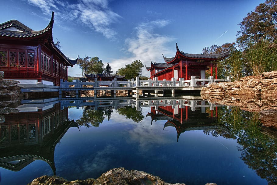 architectural, photography, pagodas, stratus clouds, japanese garden, pond, relaxation, koi, asia, fish pond