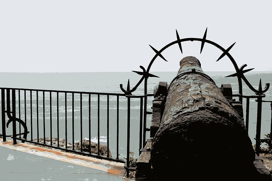 sea, gun, fortress, booked, coast, outlook, sea view, weapon, wide, water