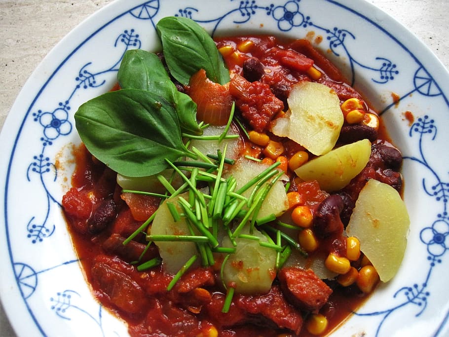 marinated, meat dish, served, bowl, autumn dish, tomato-corn stew, kukuruztopf, stew, autumn, dish