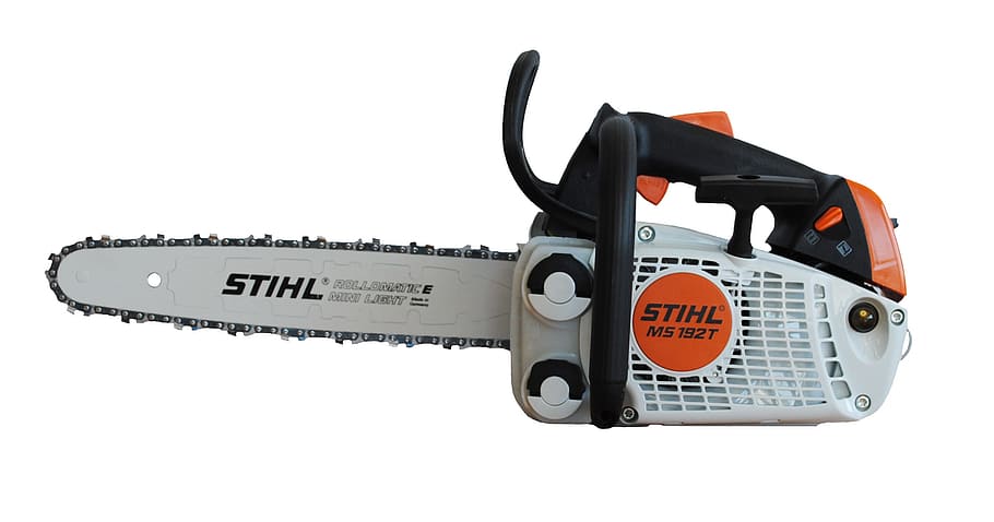 white, orange, stihl chainsaw, Chainsaw, Wood, Tree, Tool, white background, cut out, single object