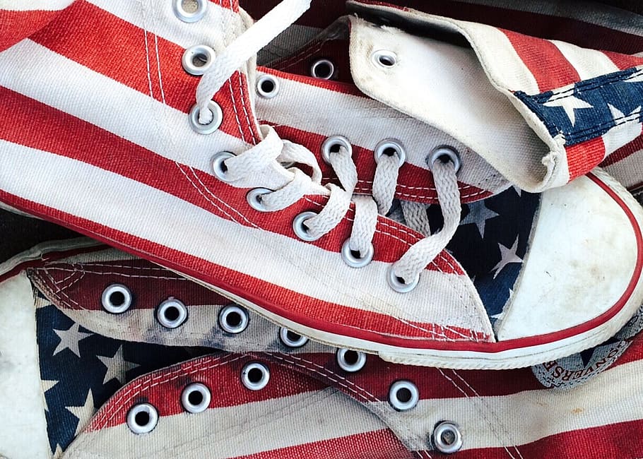 converse, chucks, sneakers, stars and stripes, footwear, aged, red, close-up, still life, high angle view
