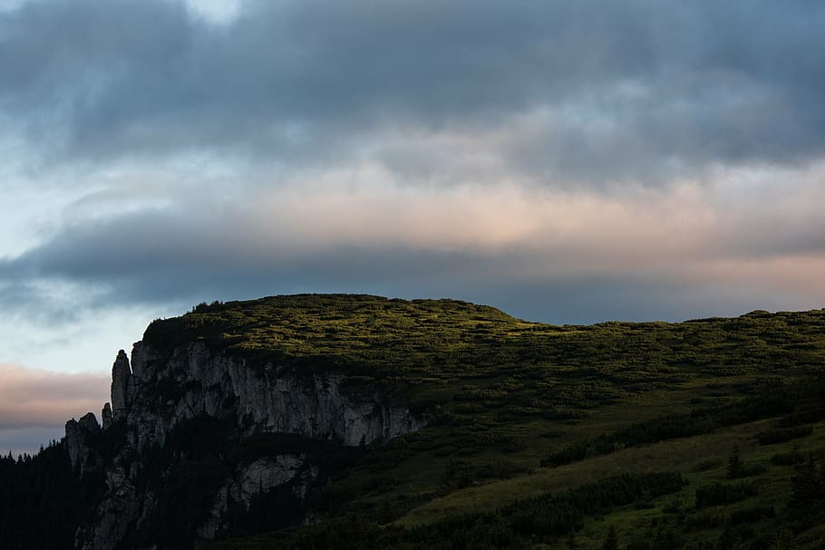 rock formation cliff, humid, weather, view, mountain, near, gray, clouds, hill, highland