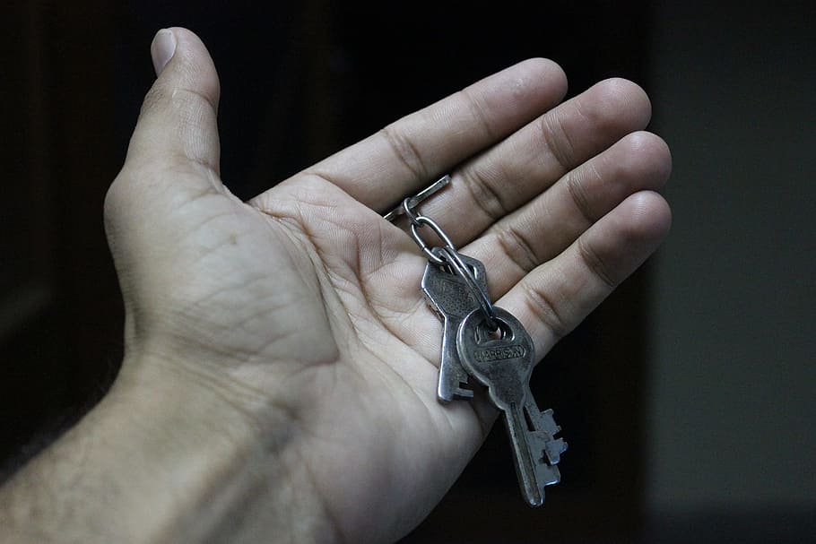 abu-abu, kunci logam, kiri, tangan, logam, kunci, tangan kiri, terbuka, rantai, ikat