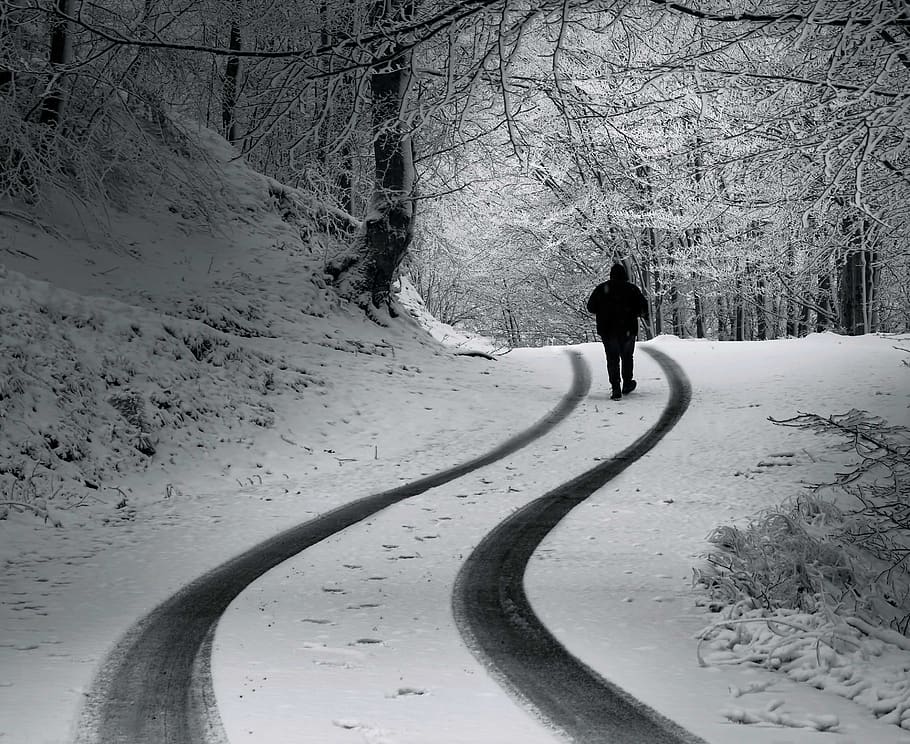man, snow, road, black white, snowman, magic, stranger, alone, weather, fantasy