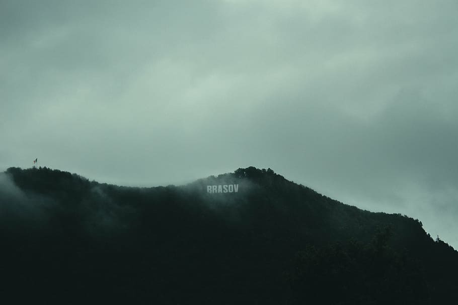 brasov text, silhouette, hill, white, cloudy, sky, dark, black and white, clouds, mountain landscape