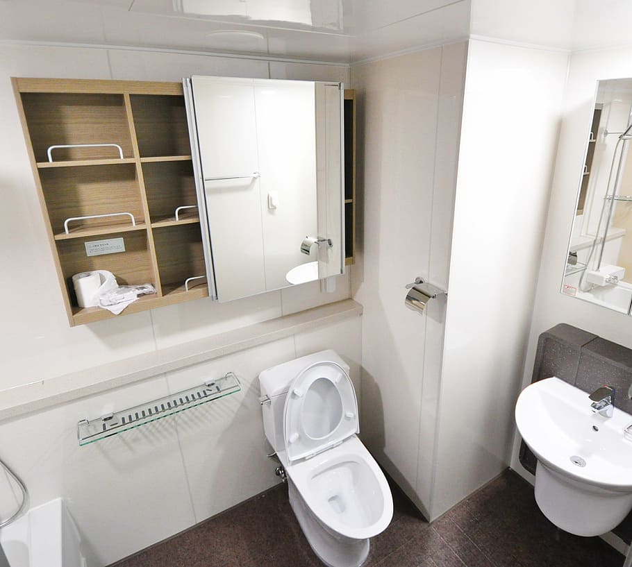 branco, descarga, vaso sanitário, armário, espelho, topo, interior, projeto, casa, doméstico Banheiro