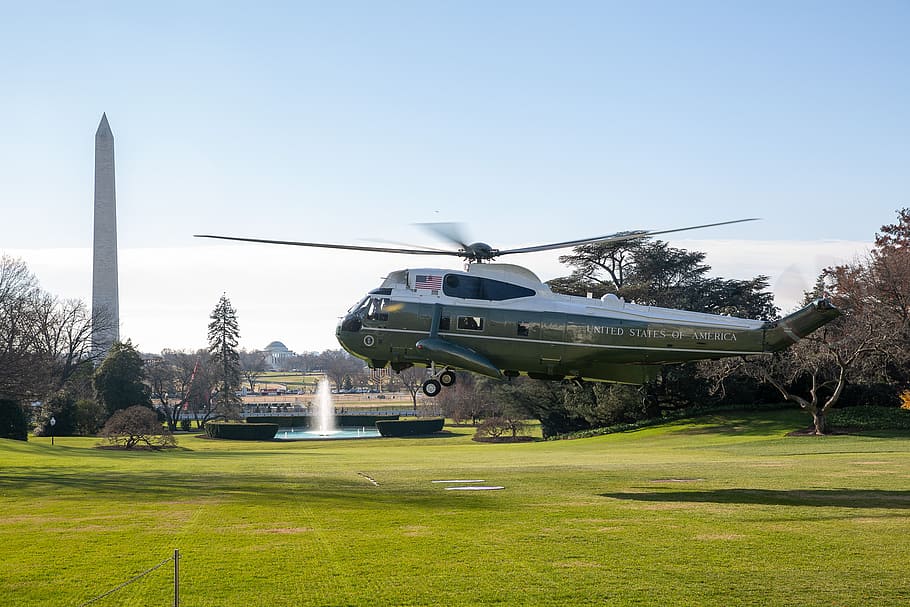 President, Trump, South Lawn, white and gray helicopter, air vehicle, sky, transportation, mode of transportation, military, nature