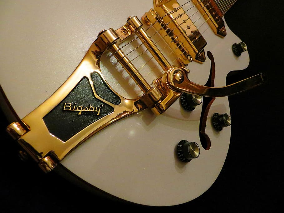 gold, white, guitar, semi-acoustic guitar, semi hollow, stringed instrument, wild kat royale, rockabilly, elvis, bigsby