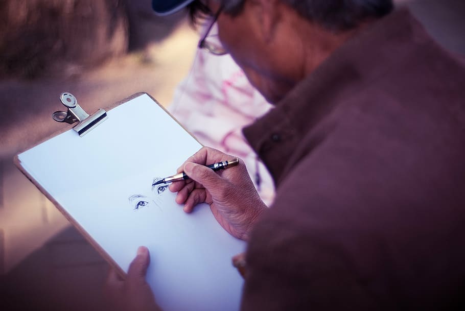 man, sketching, eyes, white, paper, people, old, elderly, pen, drawing