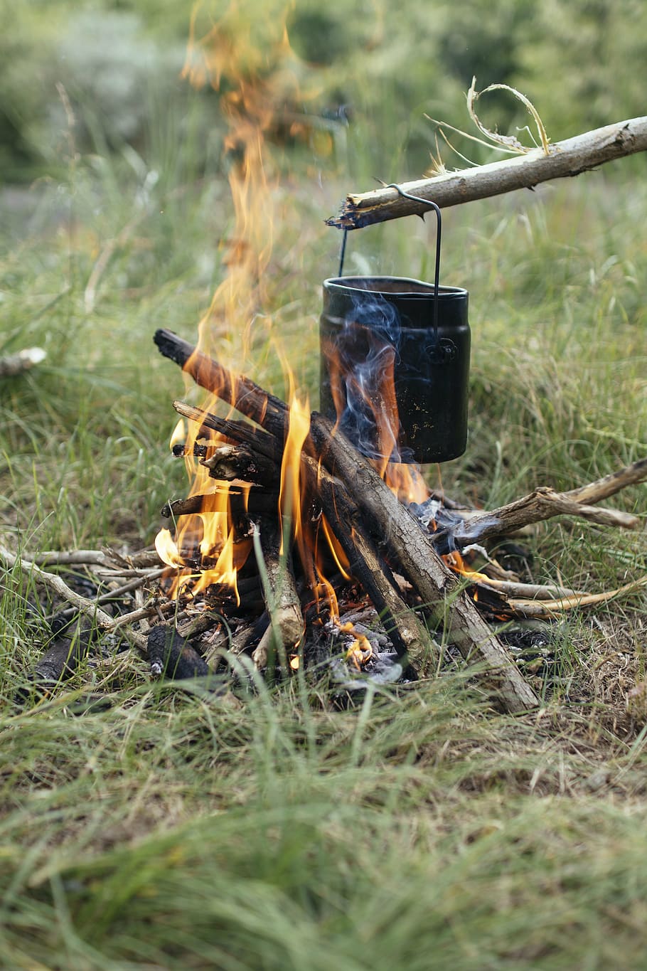 пылающий, дрова, черный, металл, огонь, дерево, s, лагерь, на открытом воздухе, готовить