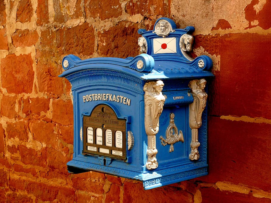 blue, brown, steel mailbox, attached, red, concrete, wall, mail box, mailbox, letter boxes