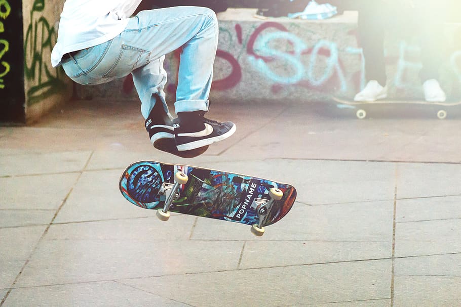 skateboard, street, man, sneakers, nike, urban, city, road, flip, jump