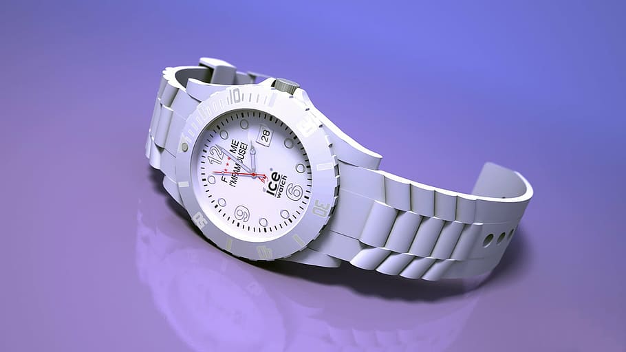 round silver-colored analog, watch, white, link, 2:00, ice, plastic, modeling, 3d, time