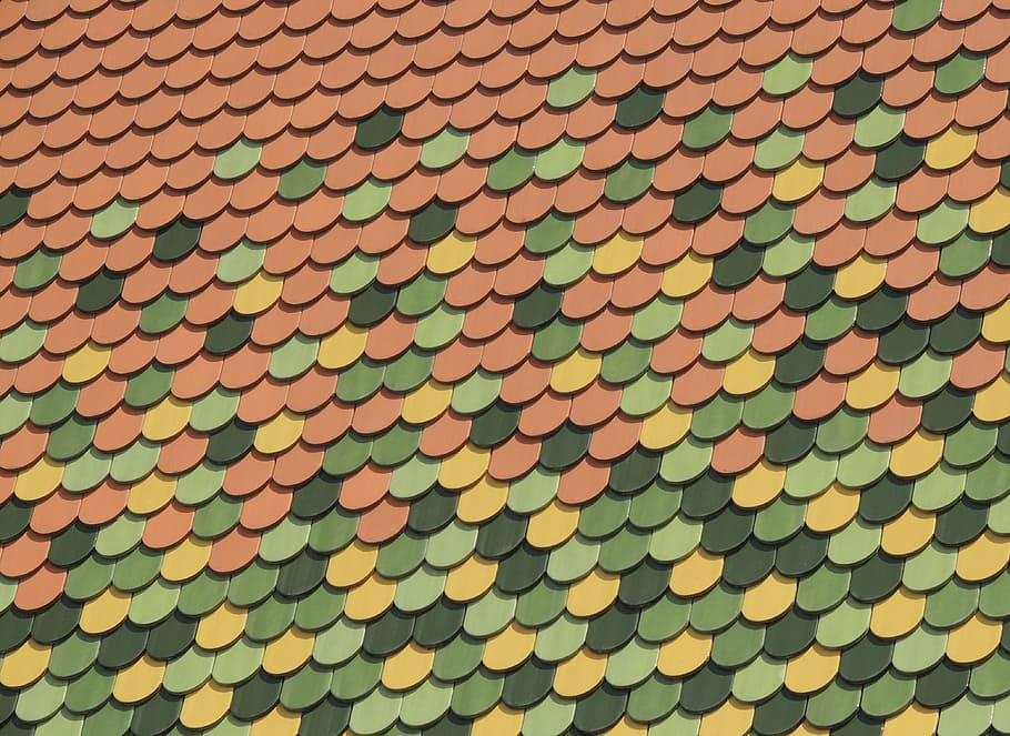 Roof, Shingle, Pattern, Green, Yellow, roof, shingle, green, yellow, red, contrast, architecture