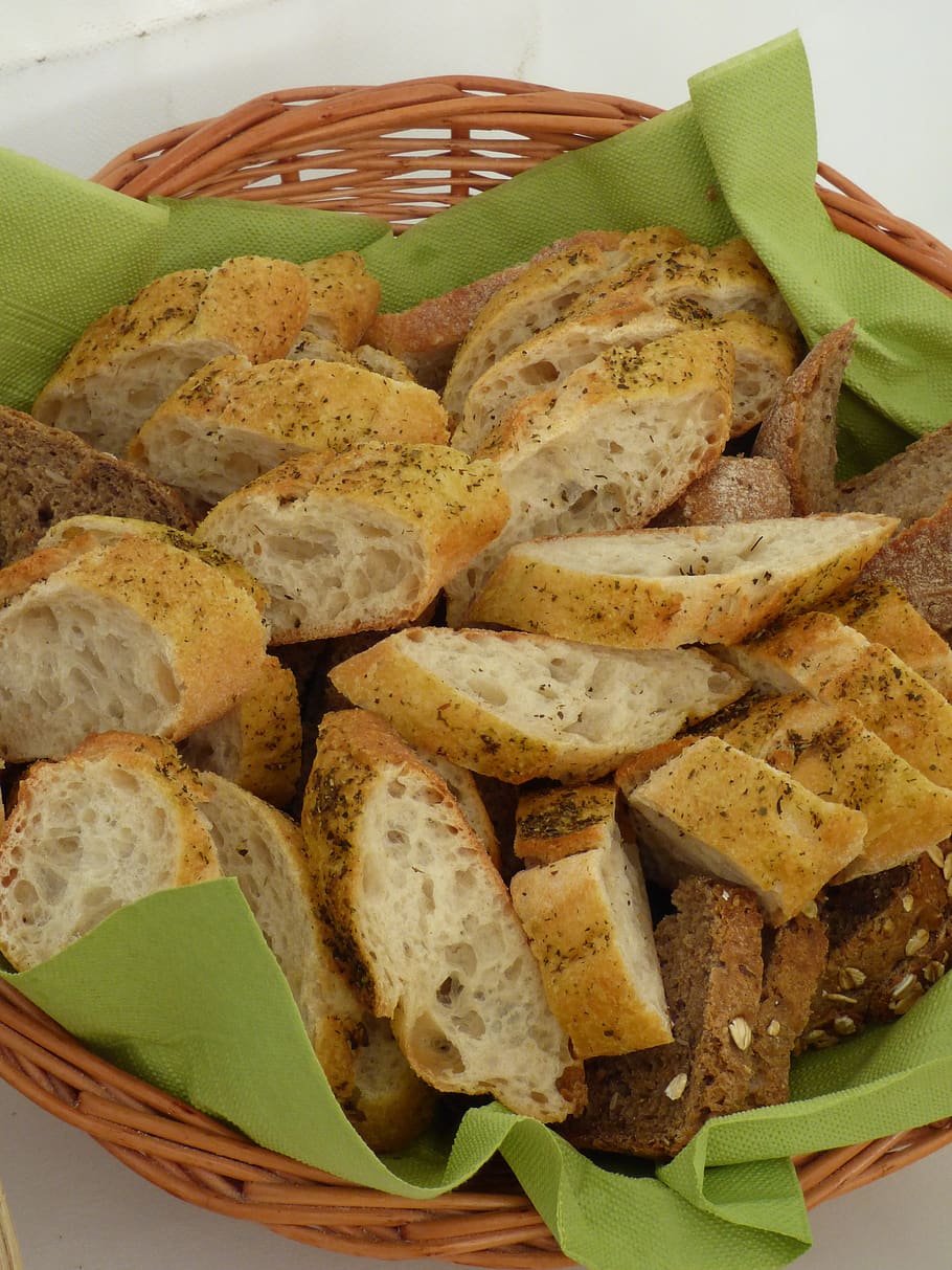 breadbasket, bread, napkin, eat, food, baked goods, breakfast, basket, bread slices, pastries