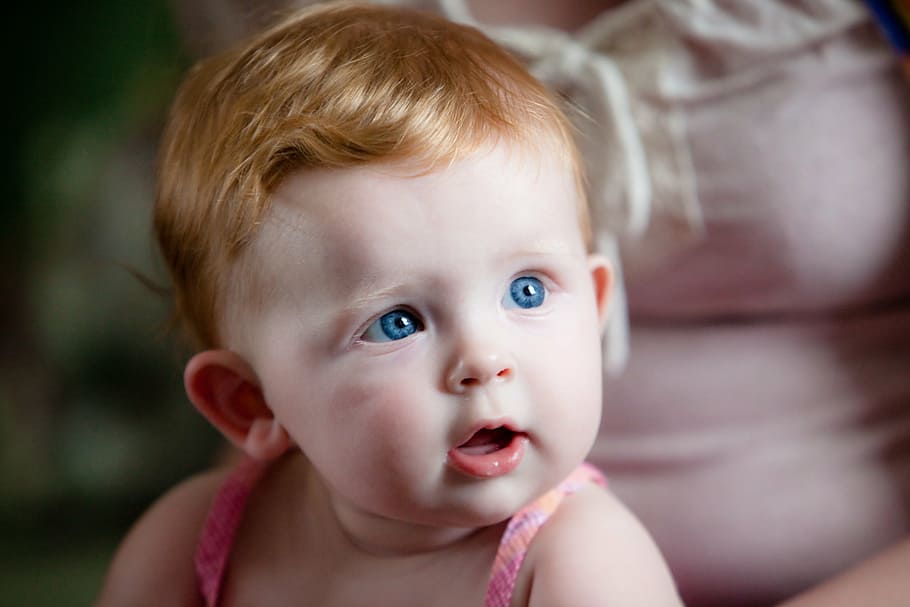 blue-eyed, baby, wearing, pink, spaghetti, strap, top, red hair, blue eyes, baby girl