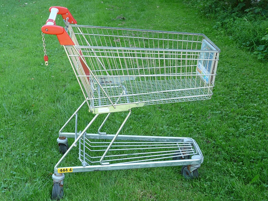 white, metal grocery cart, grass, Shopping Cart, Supermarket, shopping, wire basket, castor wheels, thrust car, transport