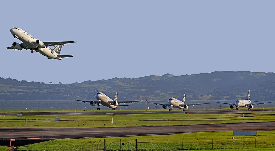 four, airliners, fly, blue, sky, Aircraft, Take-Off, Airport, New Zealand, airbus