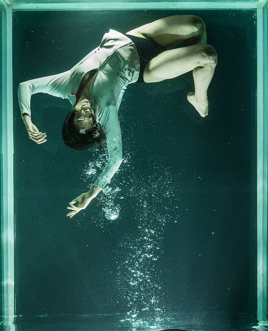 drowning, person, clear, glass tank, water, underwater, fine arts, dom, life, women's