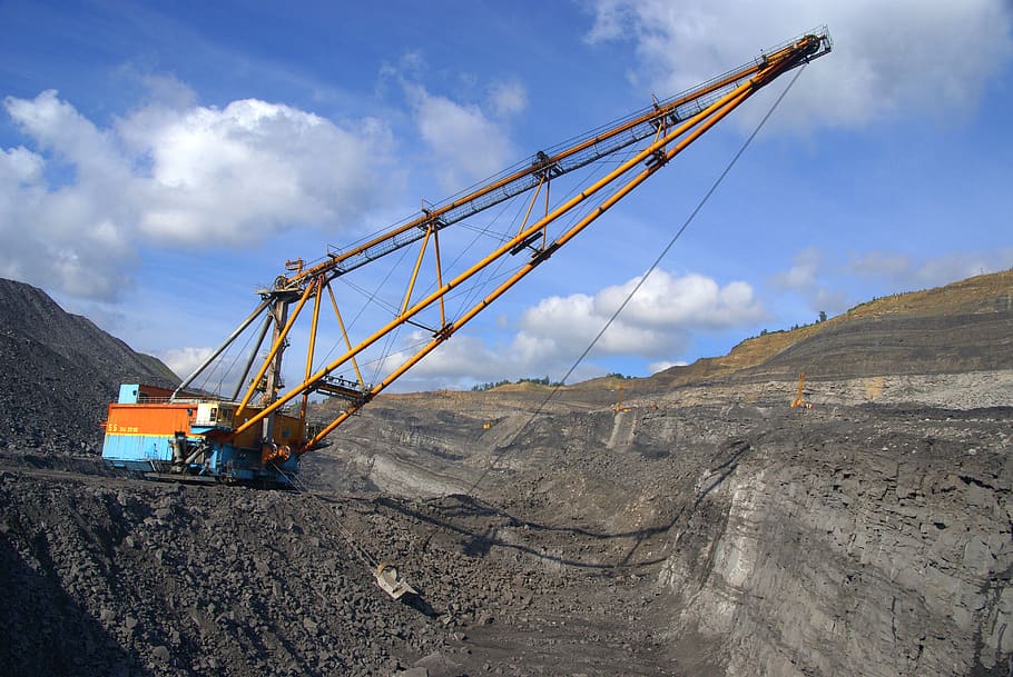 coal, minerals, extraction, hard labour, fuel, industry, one, gigantic proportions, walking excavator, orange