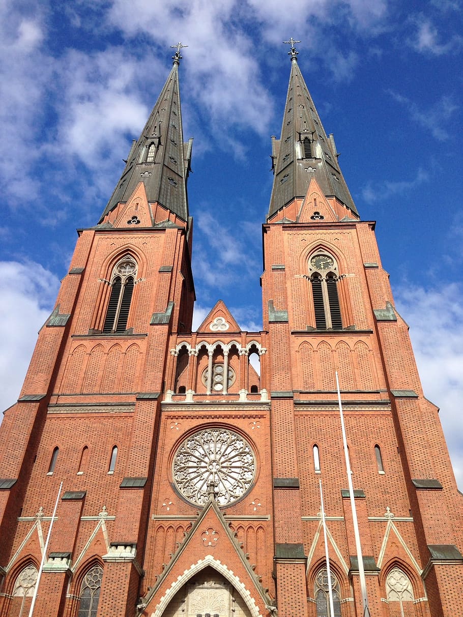 blue sky, brick, watch, sweden, uppsala cathedral, church, architecture, religion, cathedral, belief