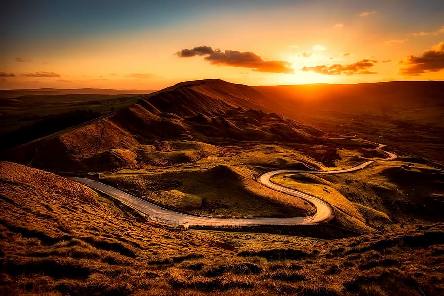 vista del paisaje, carretera, al lado, deser, Inglaterra, montañas, colinas, puesta de sol, amanecer, vista