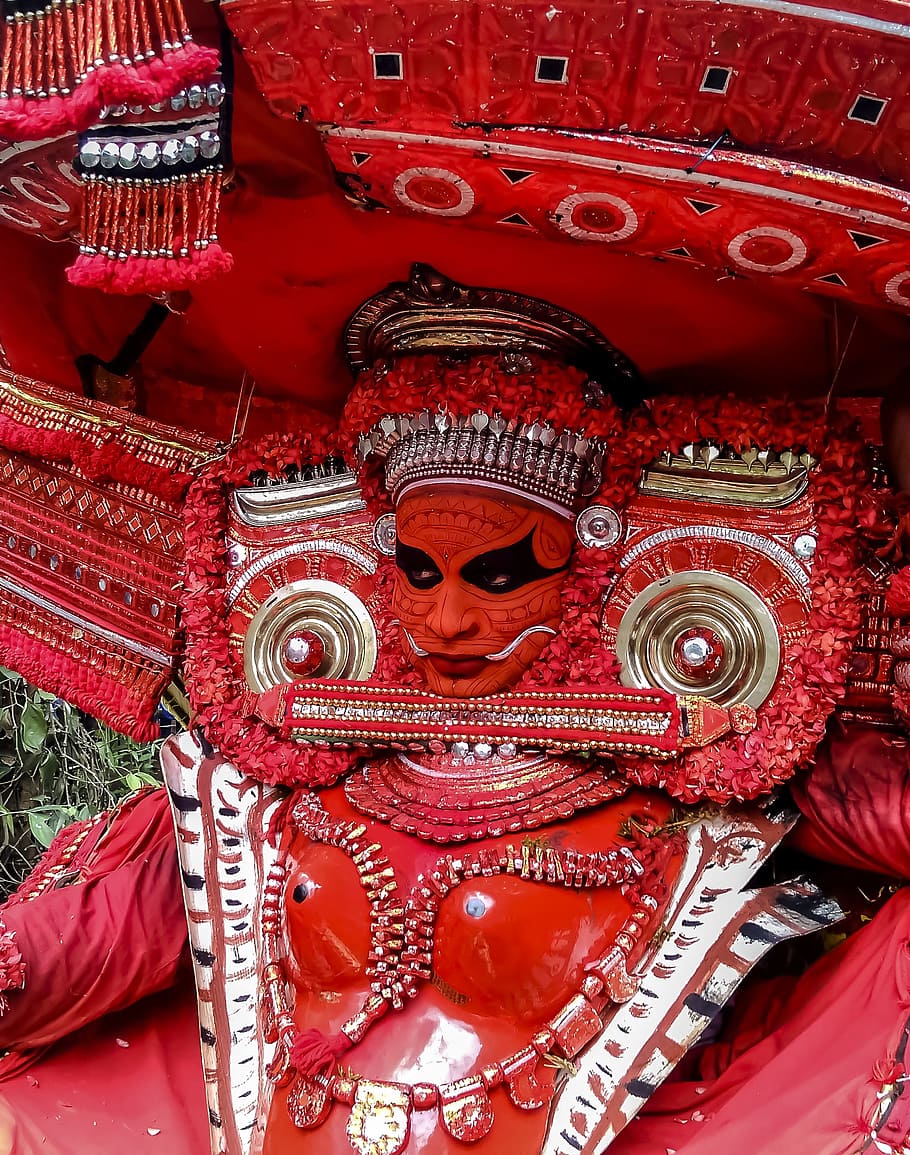 merah, hitam, patung tengu, Theyyam, Kuil, Mitos, Tuhan, Kerala, india, budaya