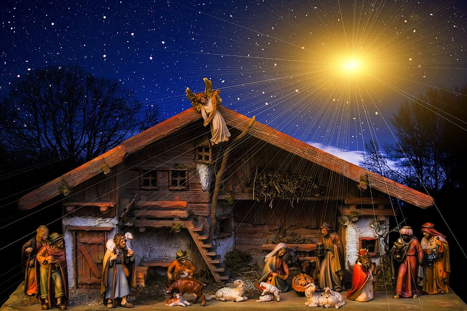 nativity illustration, christmas, clinic, birth, nativity scene, crib, father christmas, star, light, rays