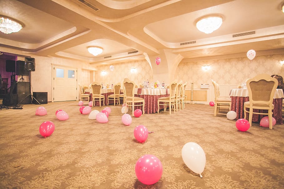 pink, white, balloon lot, brown, floor, function, hall, reception, table, chairs