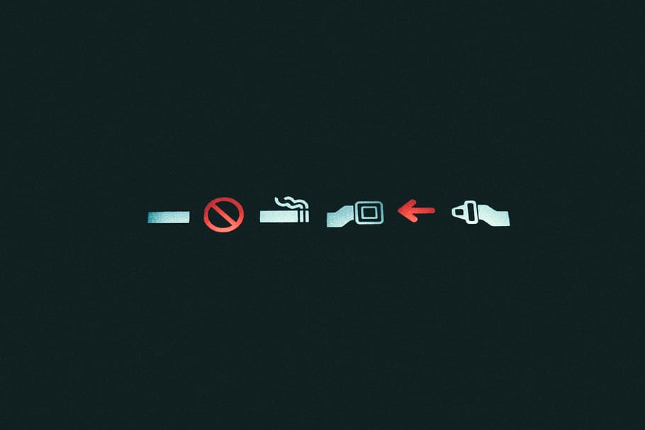 dark, sign, signage, light, airplane, flight, stop, smoking, seatbelt, communication