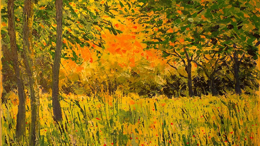 forest painting, forest, painting, landscape, back light, acrylic paints, canvas, nature, yellow, plant