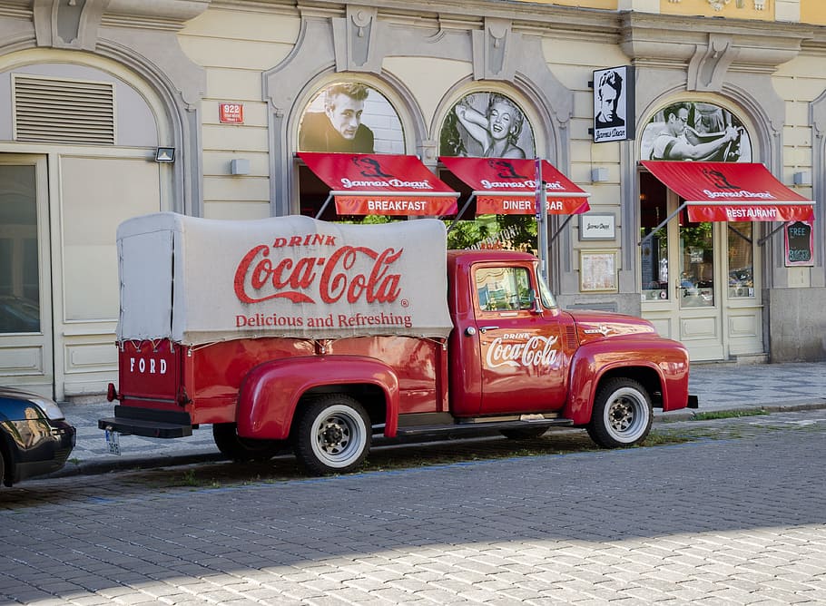 coca-cola, single, cab truck, front, building, Prague, Europe, Czech Republic, City, capital