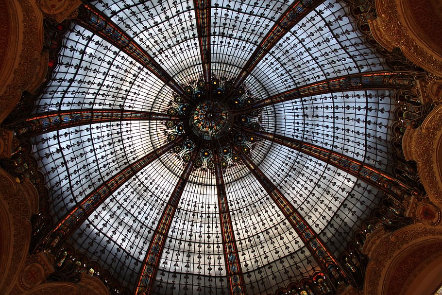 france, paris, department store, gallery, lafayette, stained glass, places of interest, landmark, shape, pattern