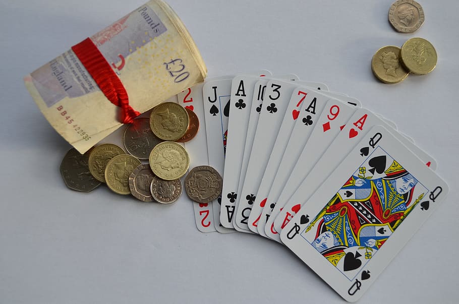 Cartão, jogando, jogos de azar, dinheiro, libras, plano de fundo, aposta, quantidade, risco, vitória