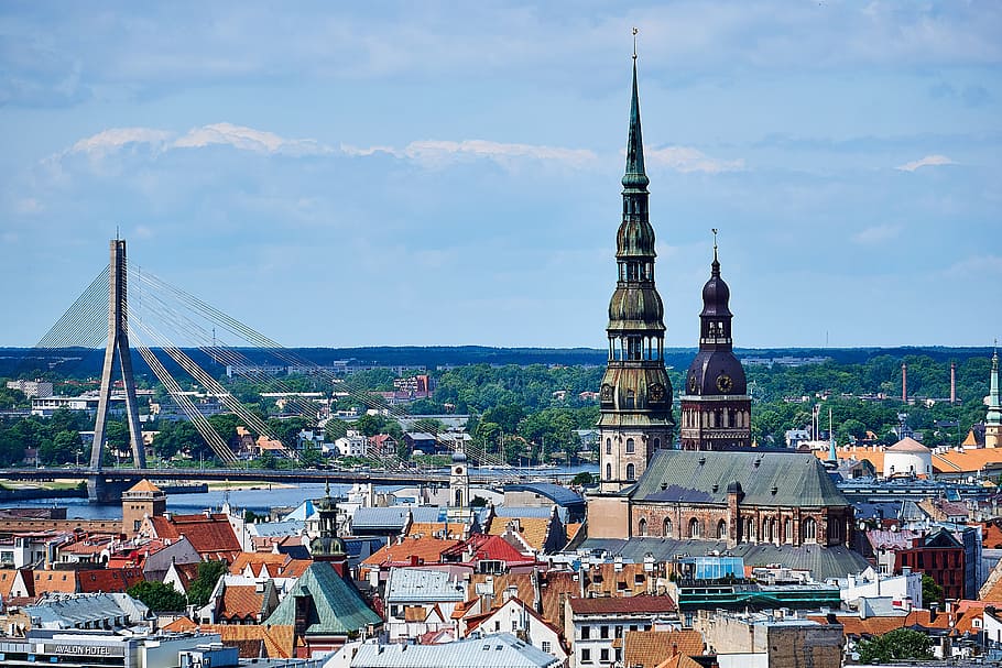 village houses, daytime, Riga, Latvia, Dom, Building, riga old town, old town, bird's eye view, steeple