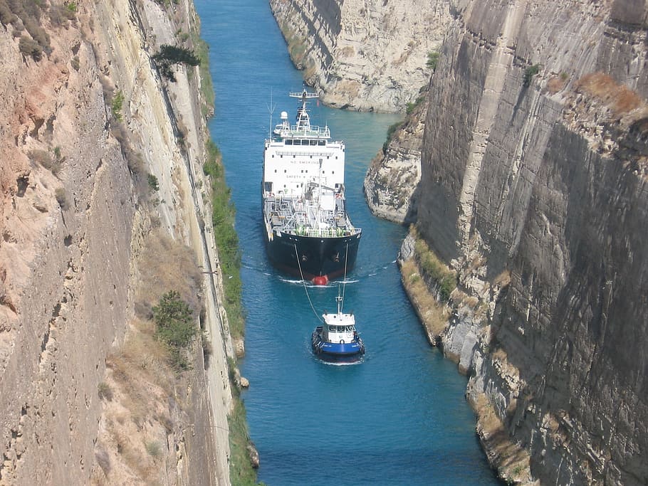 corinth canal, tight, ship, transportation, sea, nautical Vessel, industrial Ship, industry, water, shipping